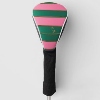 Chic Monogrammed Bold Pink & Green, Gold Striped  Golf Head Cover