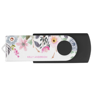 Chic Monogrammed Botanical Floral Pattern Flash Drive