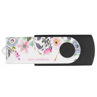 Chic Monogrammed Botanical Floral Pattern Flash Drive