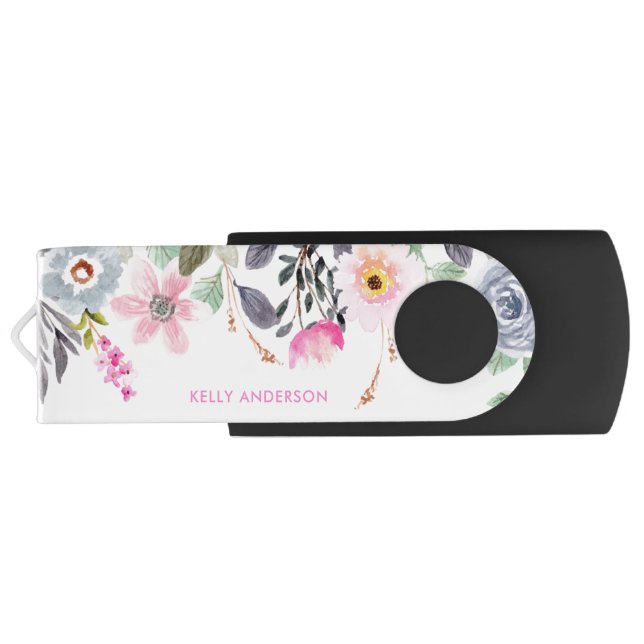 Chic Monogrammed Botanical Floral Pattern Flash Drive (Back)