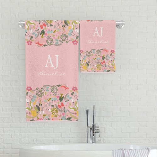 Chic monogrammed girly pink floral custom name bath towel set