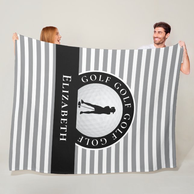 Chic Monogrammed Golfer Gray Black Stripes For Her Fleece Blanket (In Situ)