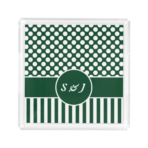 Chic Monogrammed Green Polka Dot Acrylic Tray