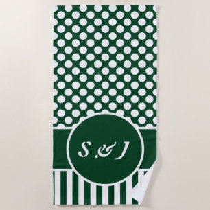 Chic Monogrammed Green Polka Dot Beach Towel