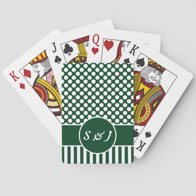 Chic Monogrammed Green Polka Dot Poker Cards (Back)
