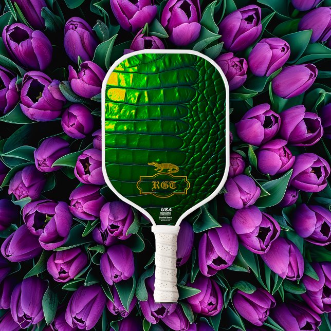 Chic Monogrammed Iridescent Green Pickleball Paddle (Stylish Iridescent Green Faux Croc Pickleball Paddle )