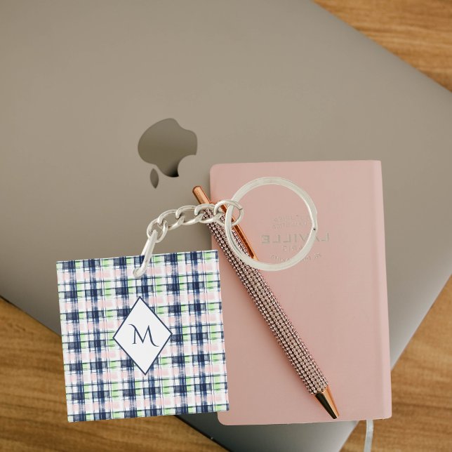 Chic Monogrammed Navy Blue Pink Preppy Plaid  Keychain (Creator Uploaded)