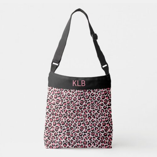 Chic Monogrammed Pink and Black Leopard Print  Crossbody Bag