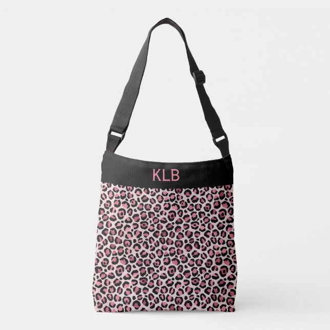 Chic Monogrammed Pink and Black Leopard Print  Crossbody Bag (Front)
