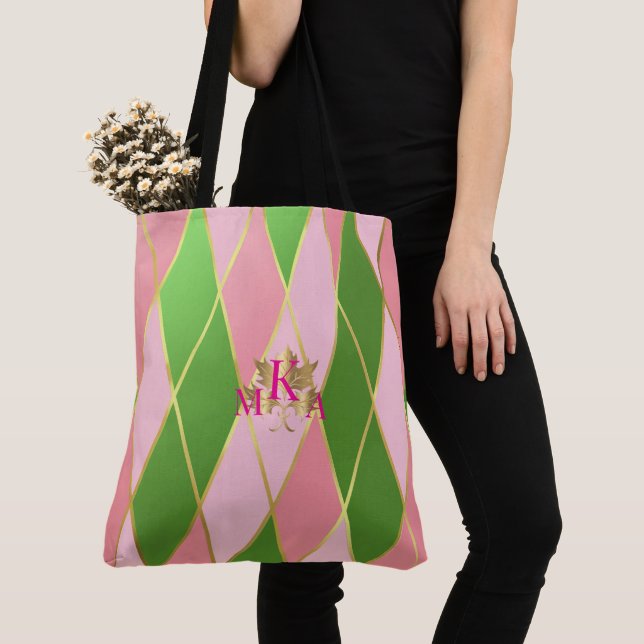 Chic Monogrammed Pink and Green Argyle Tote Bag (Close Up)