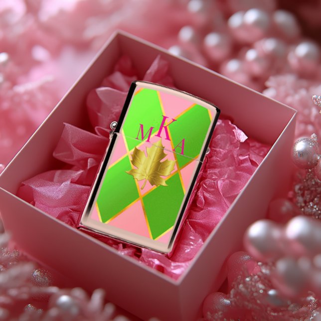 Chic Monogrammed Pink and Green Argyle Zippo Lighter (Chic Pink and Green Monogrammed Zippo Lighter )