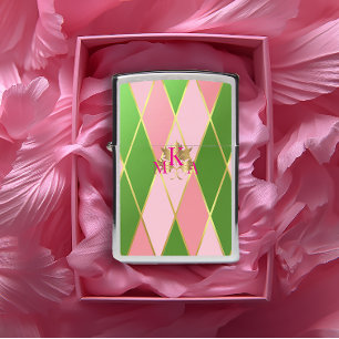 Chic Monogrammed Pink and Green Argyle Zippo Lighter