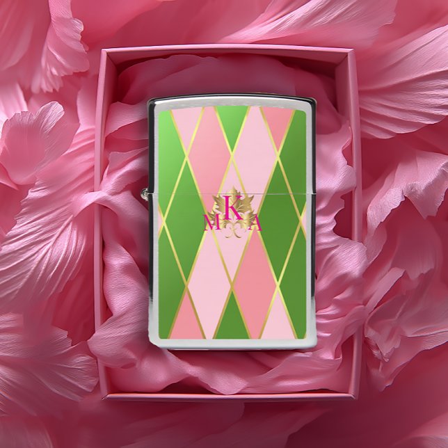 Chic Monogrammed Pink and Green Argyle Zippo Lighter (Stylish Pink and Green Argyle Zippo Lighter. Perfect Gift for her! )