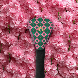 Chic Monogrammed Pink and Green Diamond Motif Golf Head Cover