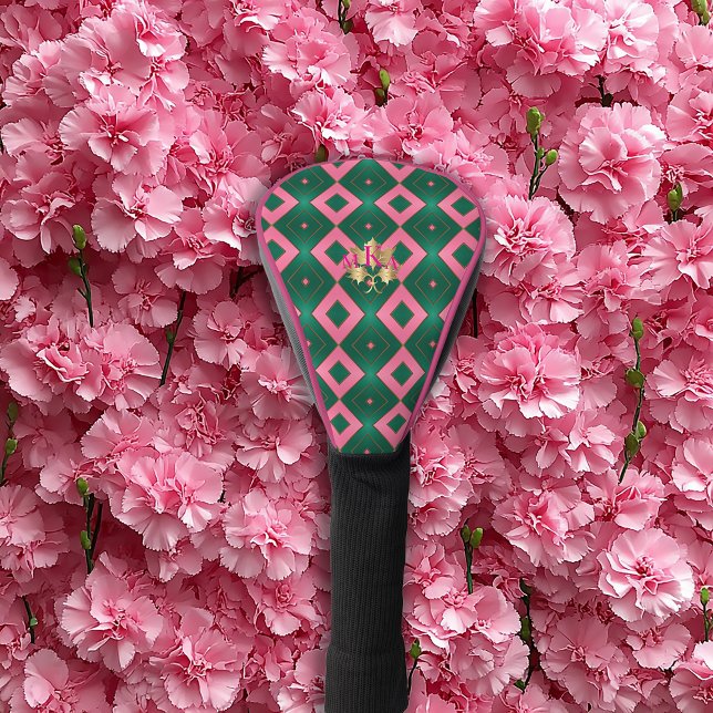 Chic Monogrammed Pink and Green Diamond Motif  Golf Head Cover (StylishPinkandGreenDiamondMotifGolfClubCover)