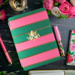 Chic Monogrammed Pink and Green iPad Air Cover<br><div class="desc">Modern Customizable Monogrammed iPad Smart Cover – Chic Pink and Green Striped Design Elevate your tech accessories with this stylish monogrammed iPad Smart Cover, featuring a sophisticated pink and green striped design with an exquisite gold leaf motif. This elegant smart cover is perfect for those who appreciate both protection and...</div>