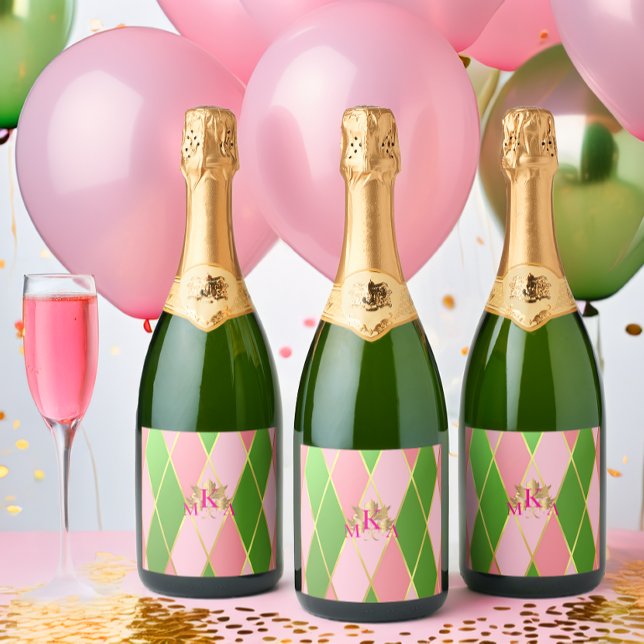 Chic Monogrammed Pink and Green  Sparkling Wine Label (Chic Monogrammed Pink and Green Wine and Beverage Labels)
