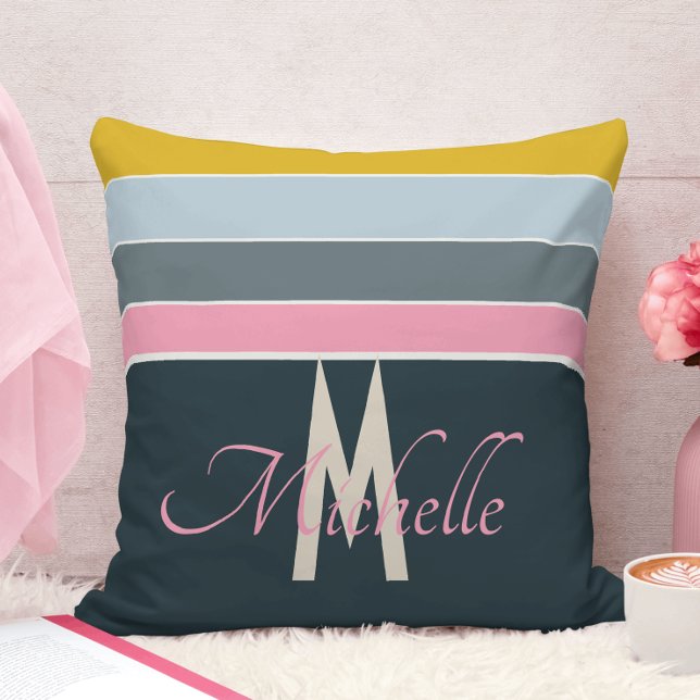 Chic monogrammed Pink and Navy blue teal Stripes Throw Pillow (Creator Uploaded)
