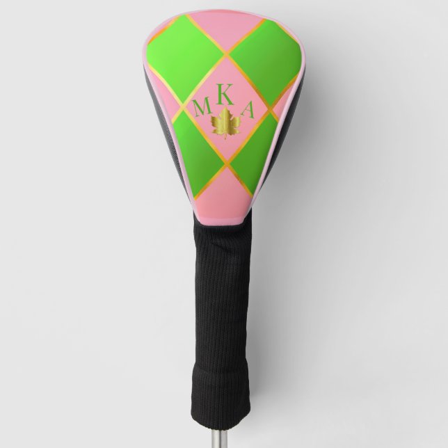 Chic Monogrammed Pink & Green Argyle Golf Head Cover (Front)