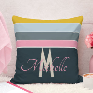 Chic Monogrammed Pink & Navy Blue Teal Striped Throw Pillow