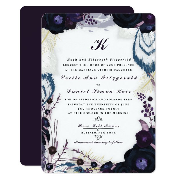 Chic Monogrammed Purple Floral Winter Wedding Invitation