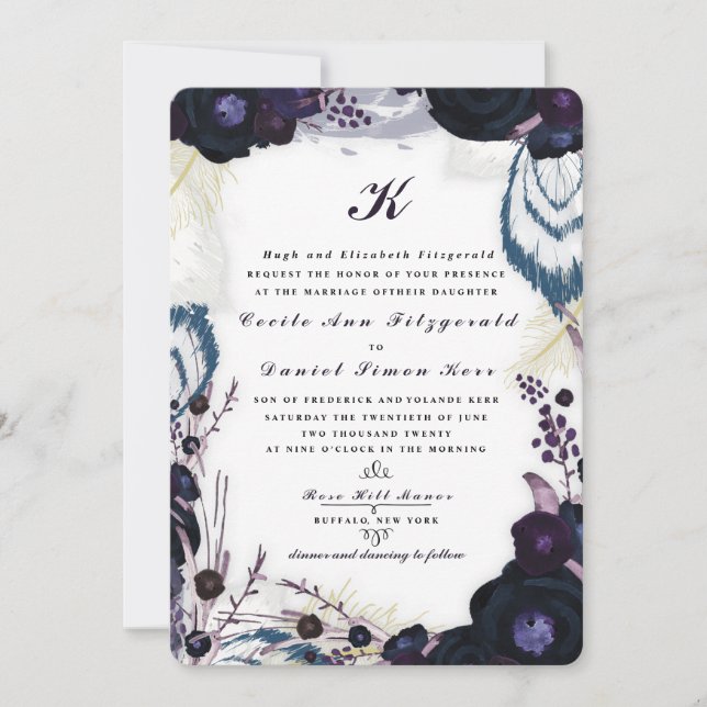 Chic Monogrammed Purple Floral Winter Wedding Invitation (Front)