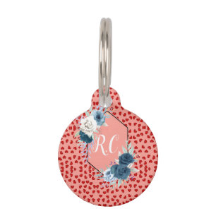 Chic monogrammed red heart blue flower on pink pet ID tag