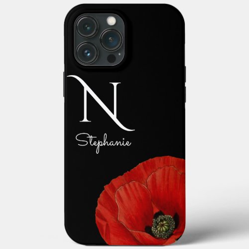 Chic Monogrammed Red Poppy on Black iPhone 13 Pro Max Case
