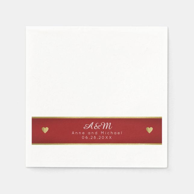 Chic Monogrammed red stripe on white wedding Napkins (Front)