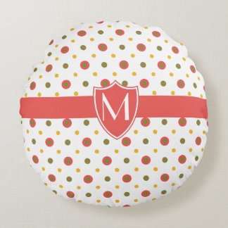 Chic Monogrammed Red White Polkas Round Pillow