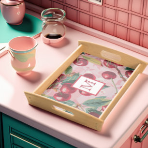 Chic Monogrammed Vintage Cheery Cherry Bomb Pink Serving Tray