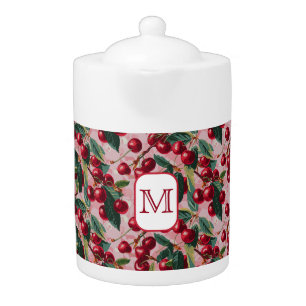 Chic Monogrammed Vintage Pink 'Cherry Pop' Teapot