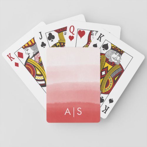 Chic Monogrammed Watercolor Faded Coral Red Ombre Playing Cards