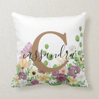 Chic Monogrammed Watercolor Floral Garden Throw Pillow