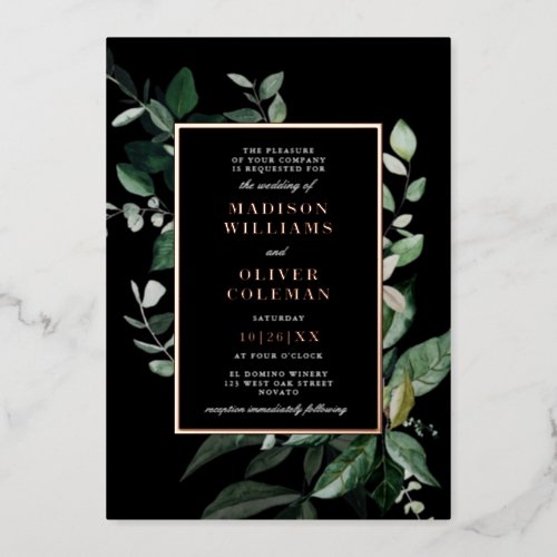 Chic Moody Botanical Frame Wedding REAL Foil Invitation