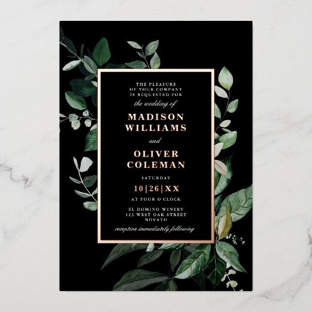 Chic Moody Botanical Frame Wedding REAL Foil Invitation (Front)