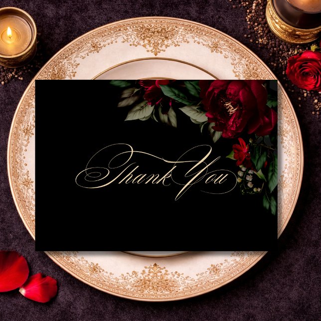 Chic moody dark red green gothic floral wedding thank you card (Creator Uploaded)