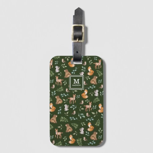 Chic Moody Green Woodland Forest Animals Monogram Luggage Tag