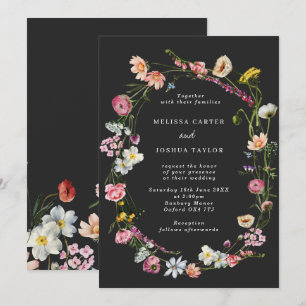 Chic Moody Wild Flowers Wreath Wedding Invitation