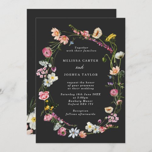 Chic Moody Wild Flowers Wreath Wedding Invitation