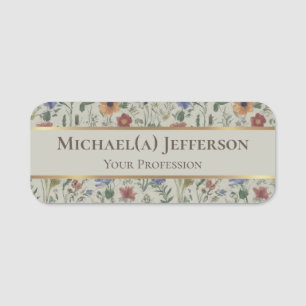 Chic Moon Mist Grey Gold On Vintage Floral Pattern Name Tag