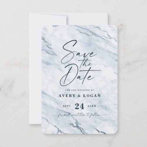 Chic Moonlight Marble with Dusty Blue Foil Details Save The Date