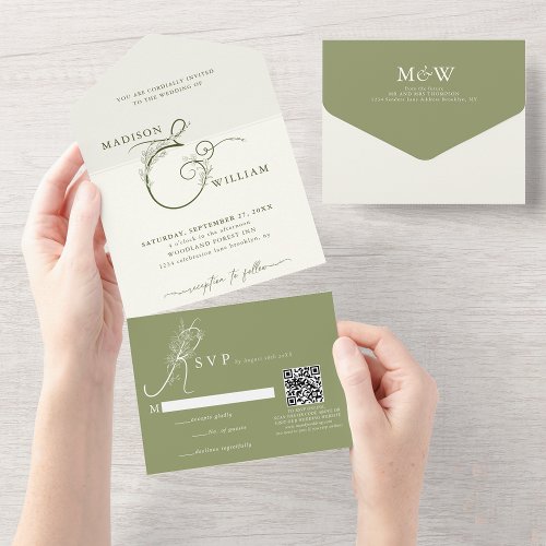 Chic Moss Green Floral Ampersand QR Code Wedding All In One Invitation