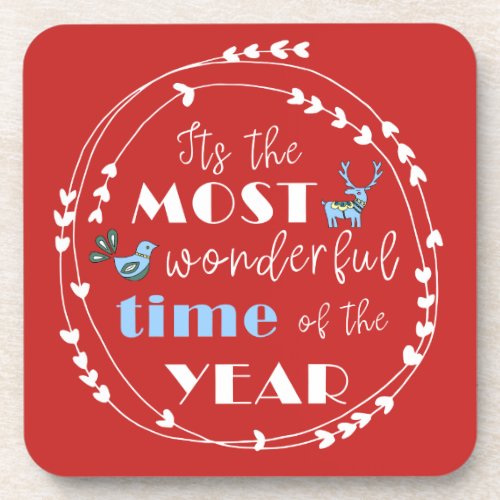 Chic Most Wonderful Time of the Year Red Holiday Beverage Coaster
