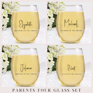 Chic Mother Father Bride Groom Wedding Stemless Wine Glass