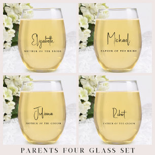 Chic Mother Father Bride Groom Wedding Stemless Wine Glass