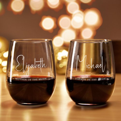 Chic Mother Father Of The Bride Wedding Stemless Wine Glass