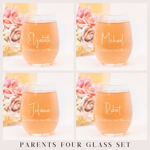 Chic Mother Father Personalized Wedding Stemless Wine Glass