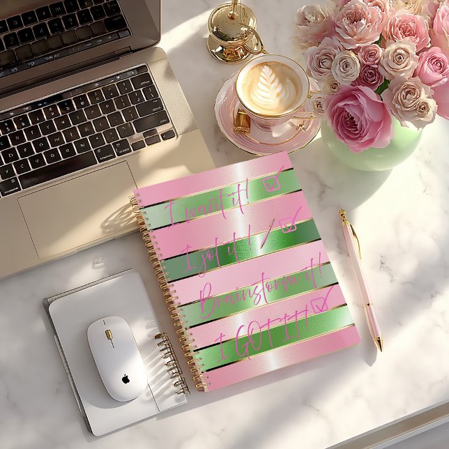 Chic Motivational Striped Pink and Green Quote  Planner (Chic Motivational Quote Pink and Green Striped Planner/Glossy Soft Cover (pictured) or Matte Hard )