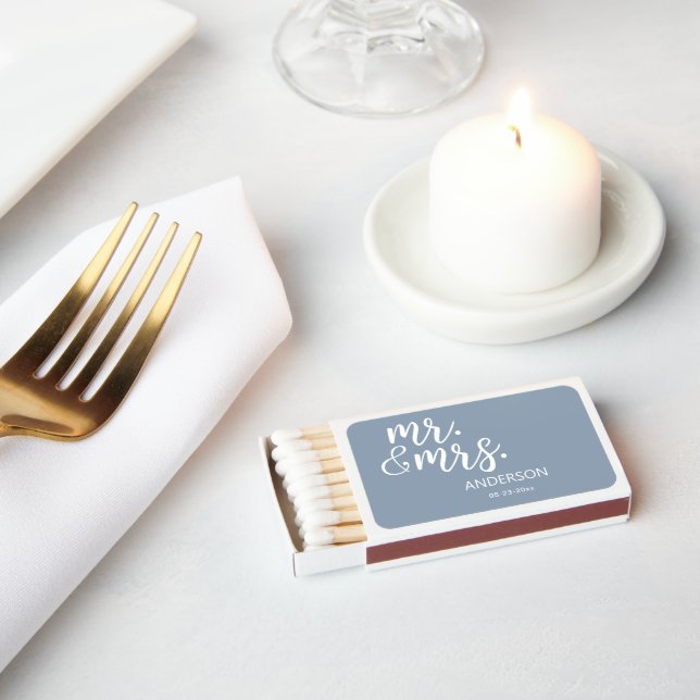 Chic Mr Mrs Dusty Blue Wedding Matchboxes (Insitu)